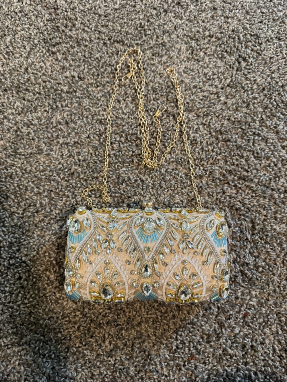 Embellished Gold and Light Blue Evening Clutch with Chain
